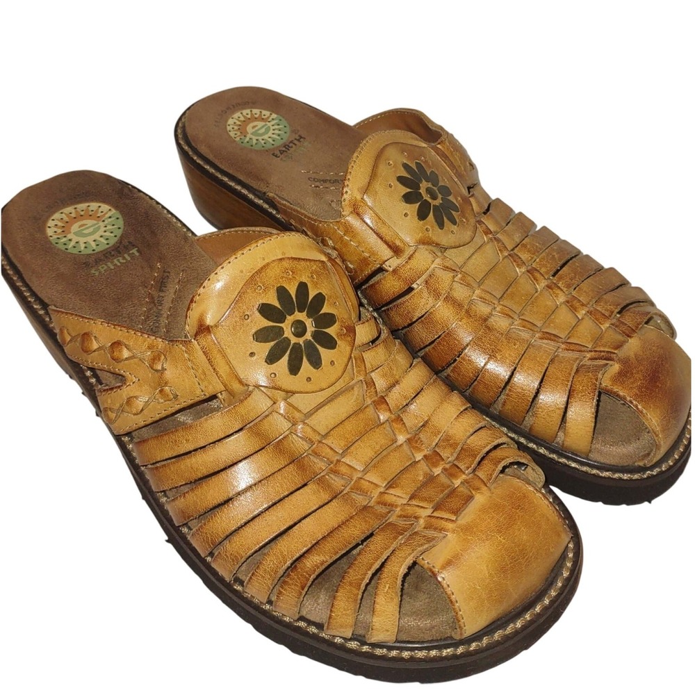 Earth Spirit Pine Tan Leather Woven Huarache Wedge Slide Sandals Womens 8.5 Boho
